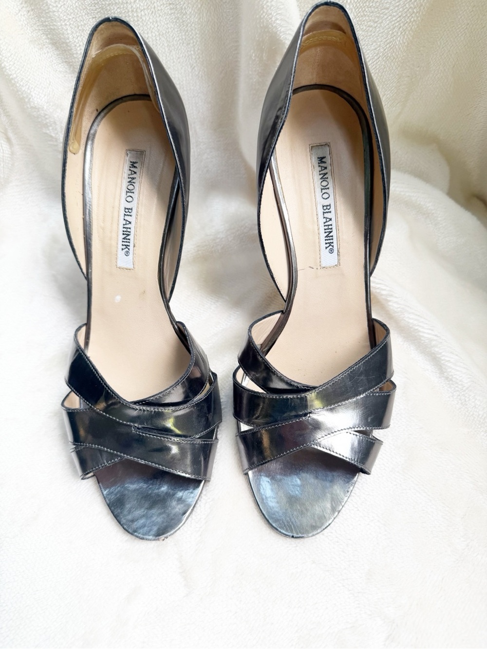 Manolo Blahnik Silver Strappy Open-Toe Heels
